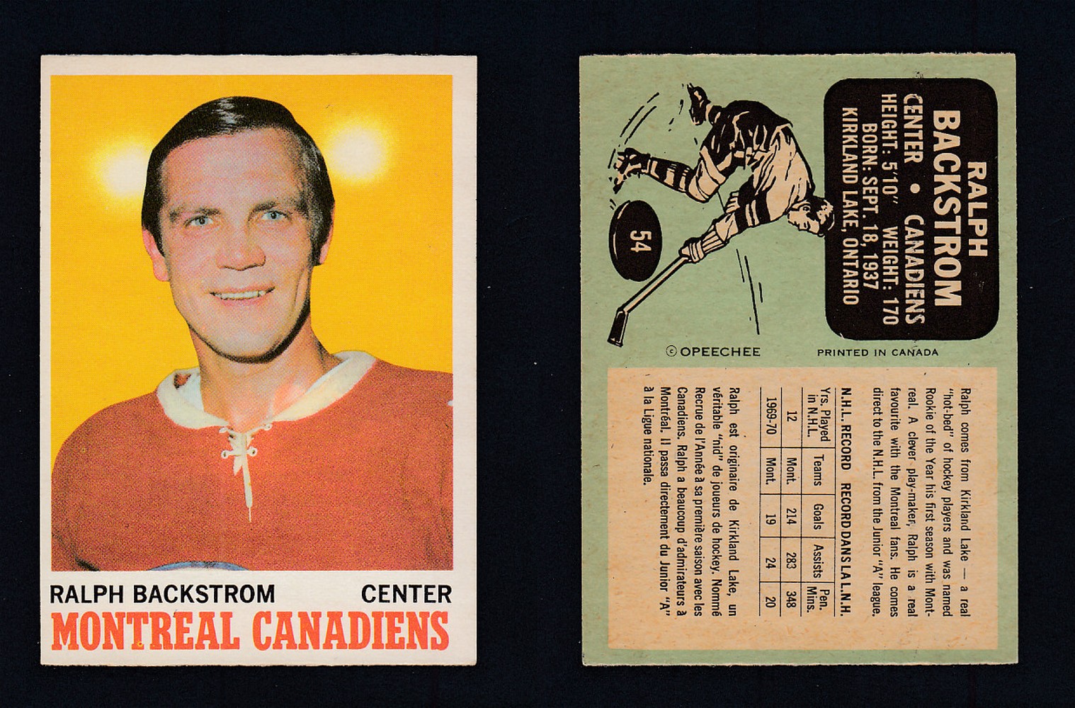 1970-71 O-PEE-CHEE HOCKEY CARD #54 R. BACKSTROM photo 1970-71 O-PEE-CHEE HOCKEY CARD #54 R. BACKSTROM photo