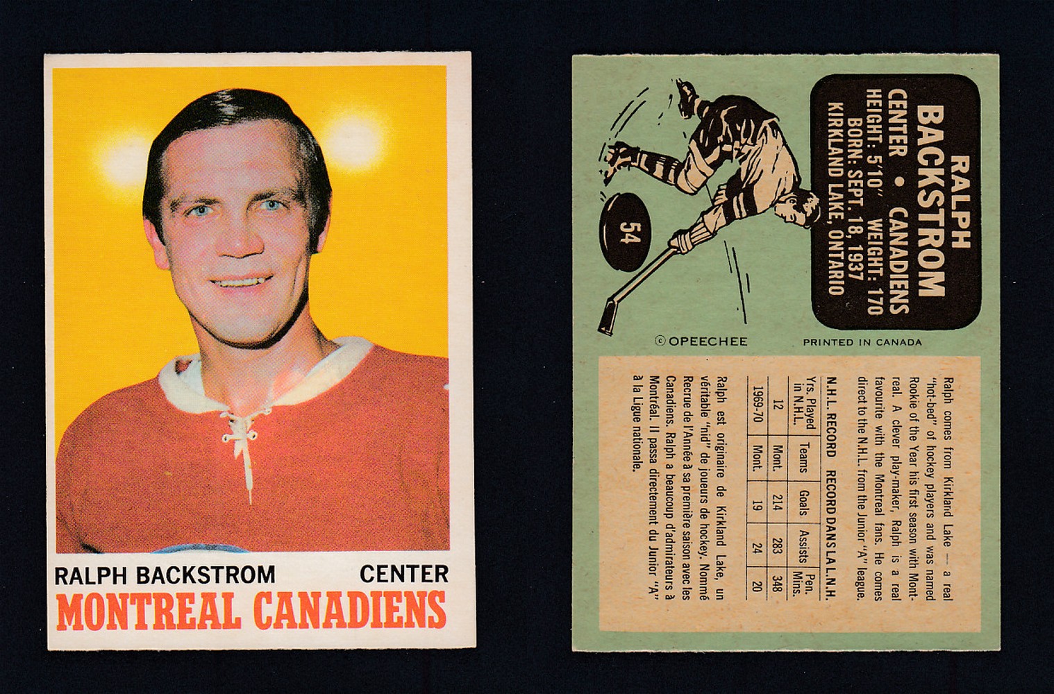 1970-71 O-PEE-CHEE HOCKEY CARD #54 R. BACKSTROM photo 1970-71 O-PEE-CHEE HOCKEY CARD #54 R. BACKSTROM photo