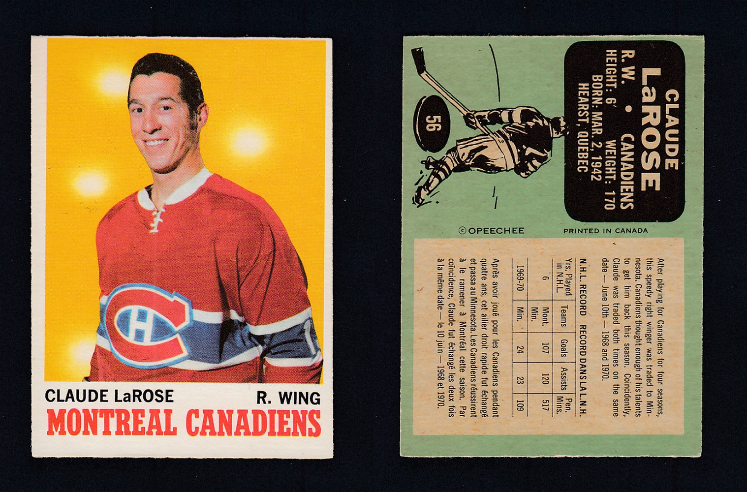 1970-71 O-PEE-CHEE HOCKEY CARD #56 C. LAROSE photo 1970-71 O-PEE-CHEE HOCKEY CARD #56 C. LAROSE photo