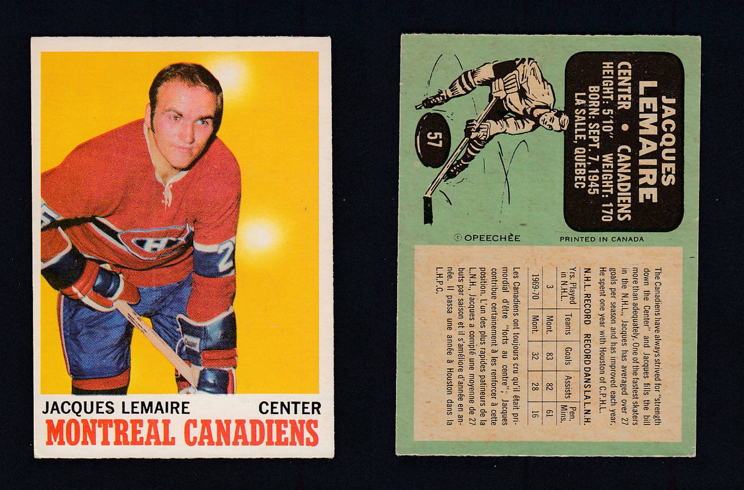 1970-71 O-PEE-CHEE HOCKEY CARD #57 J. LEMAIRE photo 1970-71 O-PEE-CHEE HOCKEY CARD #57 J. LEMAIRE photo