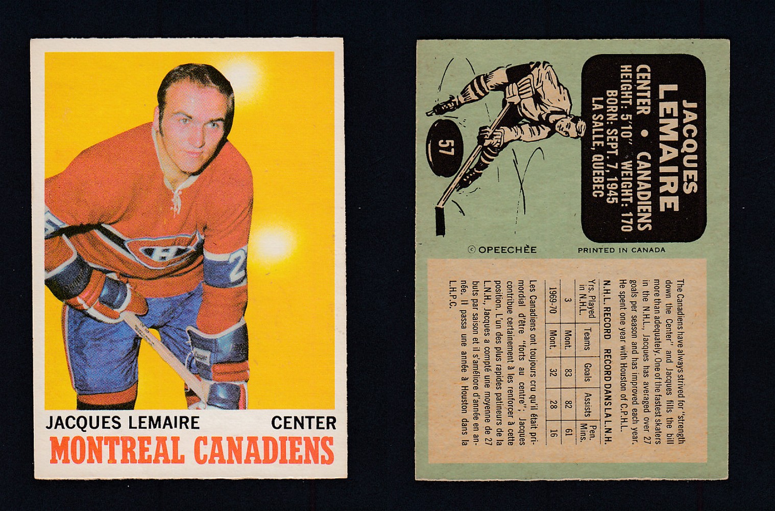 1970-71 O-PEE-CHEE HOCKEY CARD #57 J. LEMAIRE photo 1970-71 O-PEE-CHEE HOCKEY CARD #57 J. LEMAIRE photo