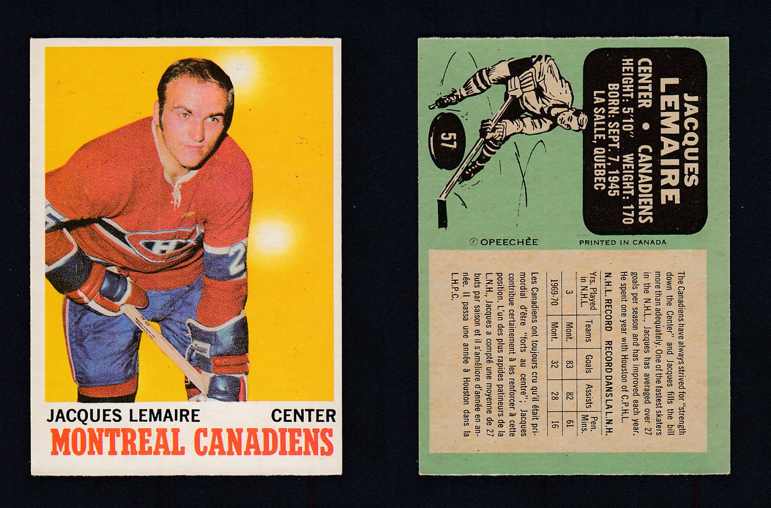 1970-71 O-PEE-CHEE HOCKEY CARD #57 J. LEMAIRE photo 1970-71 O-PEE-CHEE HOCKEY CARD #57 J. LEMAIRE photo