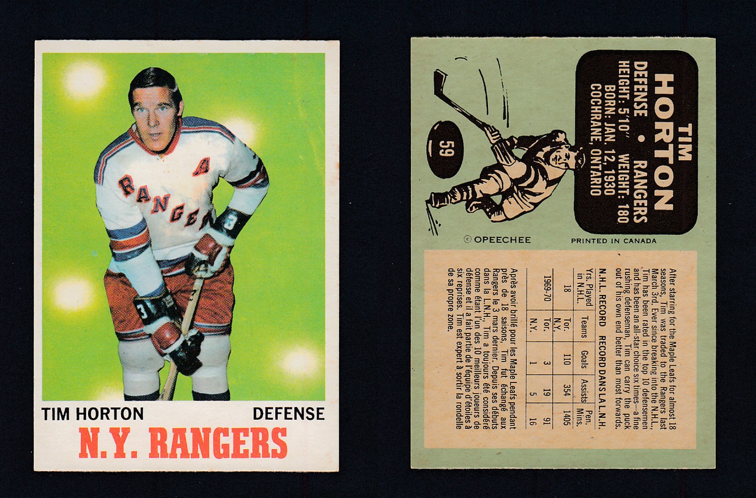1970-71 O-PEE-CHEE HOCKEY CARD #59 T. HORTON photo 1970-71 O-PEE-CHEE HOCKEY CARD #59 T. HORTON photo