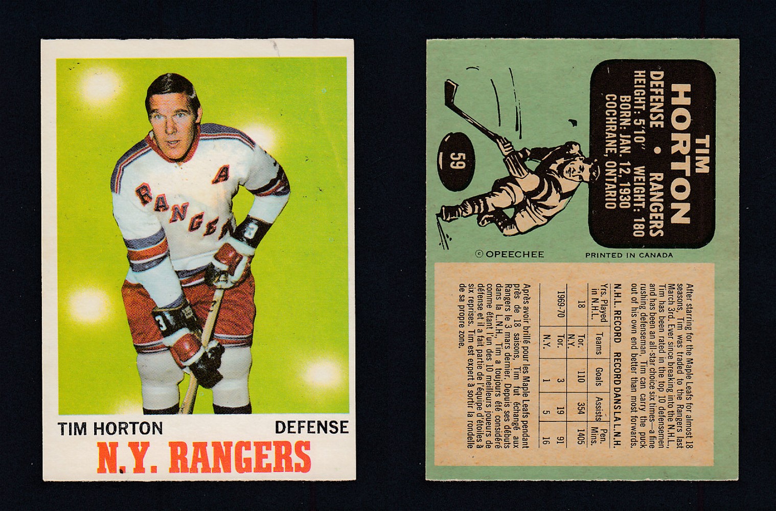 1970-71 O-PEE-CHEE HOCKEY CARD #59 T. HORTON photo 1970-71 O-PEE-CHEE HOCKEY CARD #59 T. HORTON photo