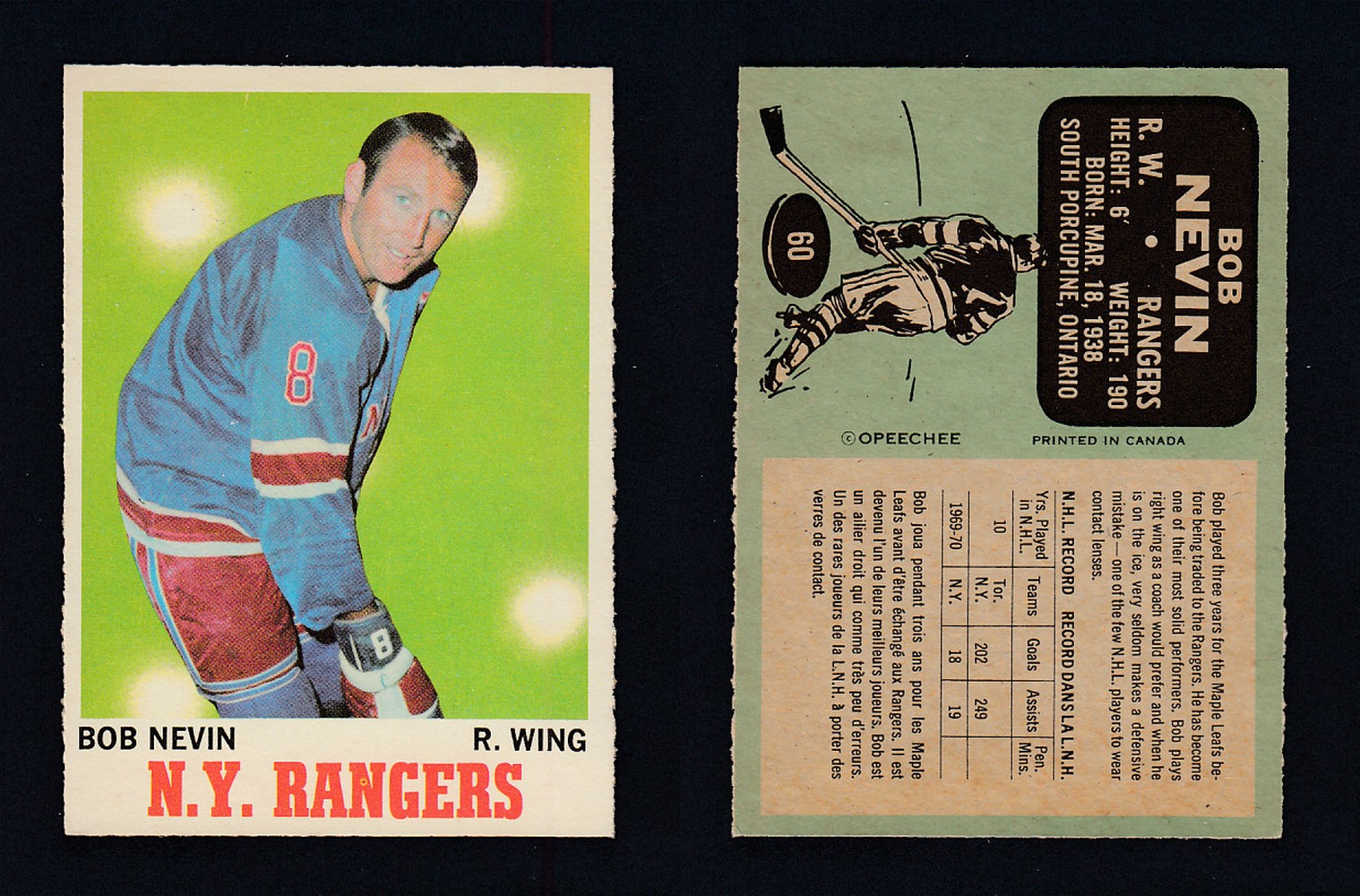 1970-71 O-PEE-CHEE HOCKEY CARD #60 B.NEVIN photo 1970-71 O-PEE-CHEE HOCKEY CARD #60 B.NEVIN photo