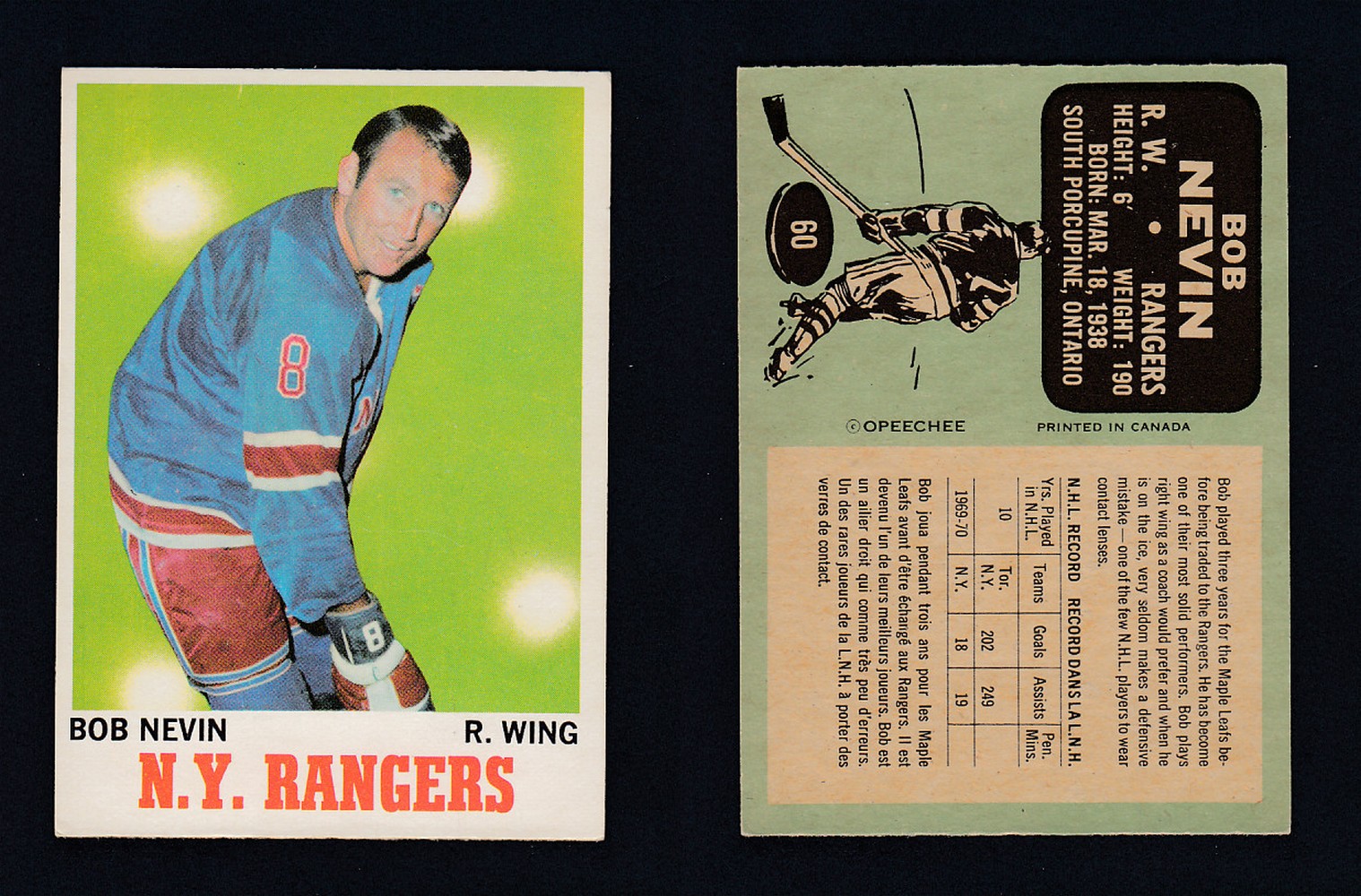 1970-71 O-PEE-CHEE HOCKEY CARD #60 B.NEVIN photo 1970-71 O-PEE-CHEE HOCKEY CARD #60 B.NEVIN photo