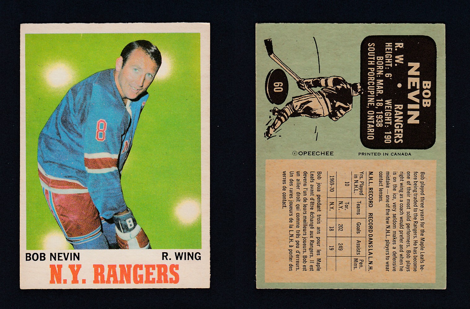 1970-71 O-PEE-CHEE HOCKEY CARD #60 B.NEVIN photo 1970-71 O-PEE-CHEE HOCKEY CARD #60 B.NEVIN photo