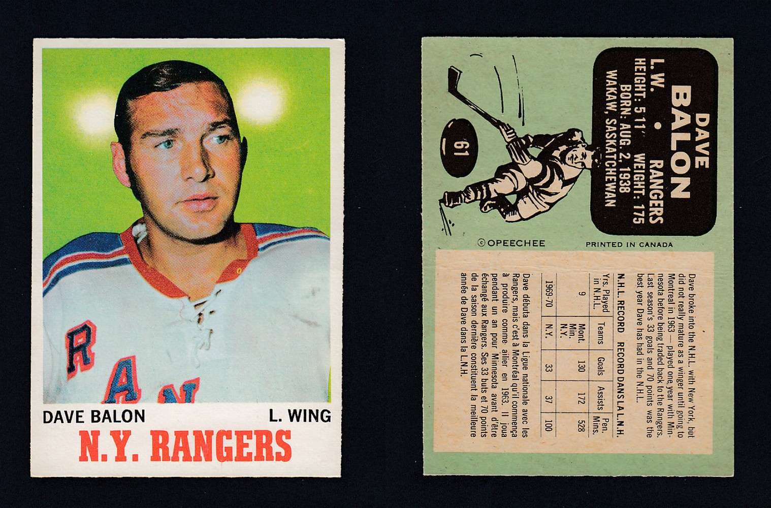 1970-71 O-PEE-CHEE HOCKEY CARD #61 D.BALON photo 1970-71 O-PEE-CHEE HOCKEY CARD #61 D.BALON photo