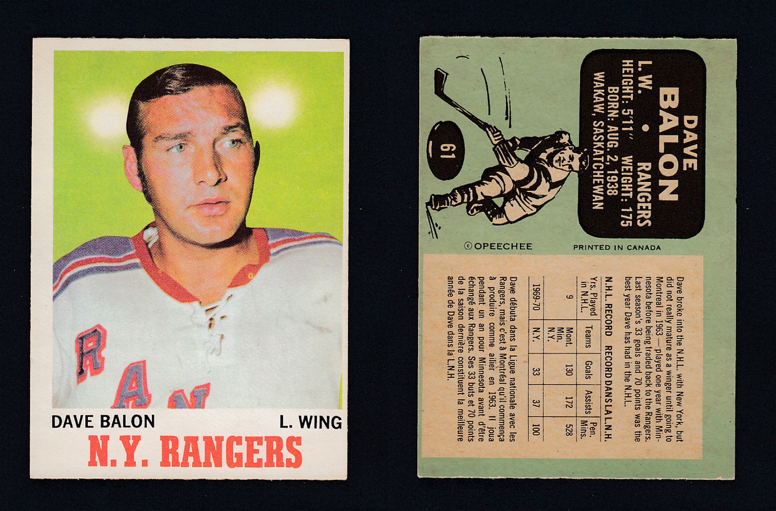 1970-71 O-PEE-CHEE HOCKEY CARD #61 D.BALON photo 1970-71 O-PEE-CHEE HOCKEY CARD #61 D.BALON photo
