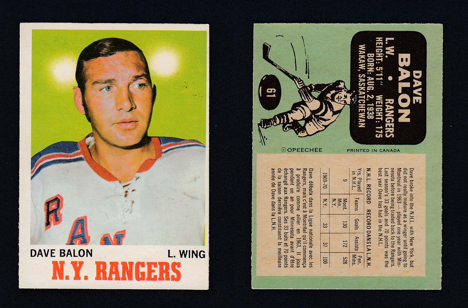 1970-71 O-PEE-CHEE HOCKEY CARD #61 D.BALON photo 1970-71 O-PEE-CHEE HOCKEY CARD #61 D.BALON photo