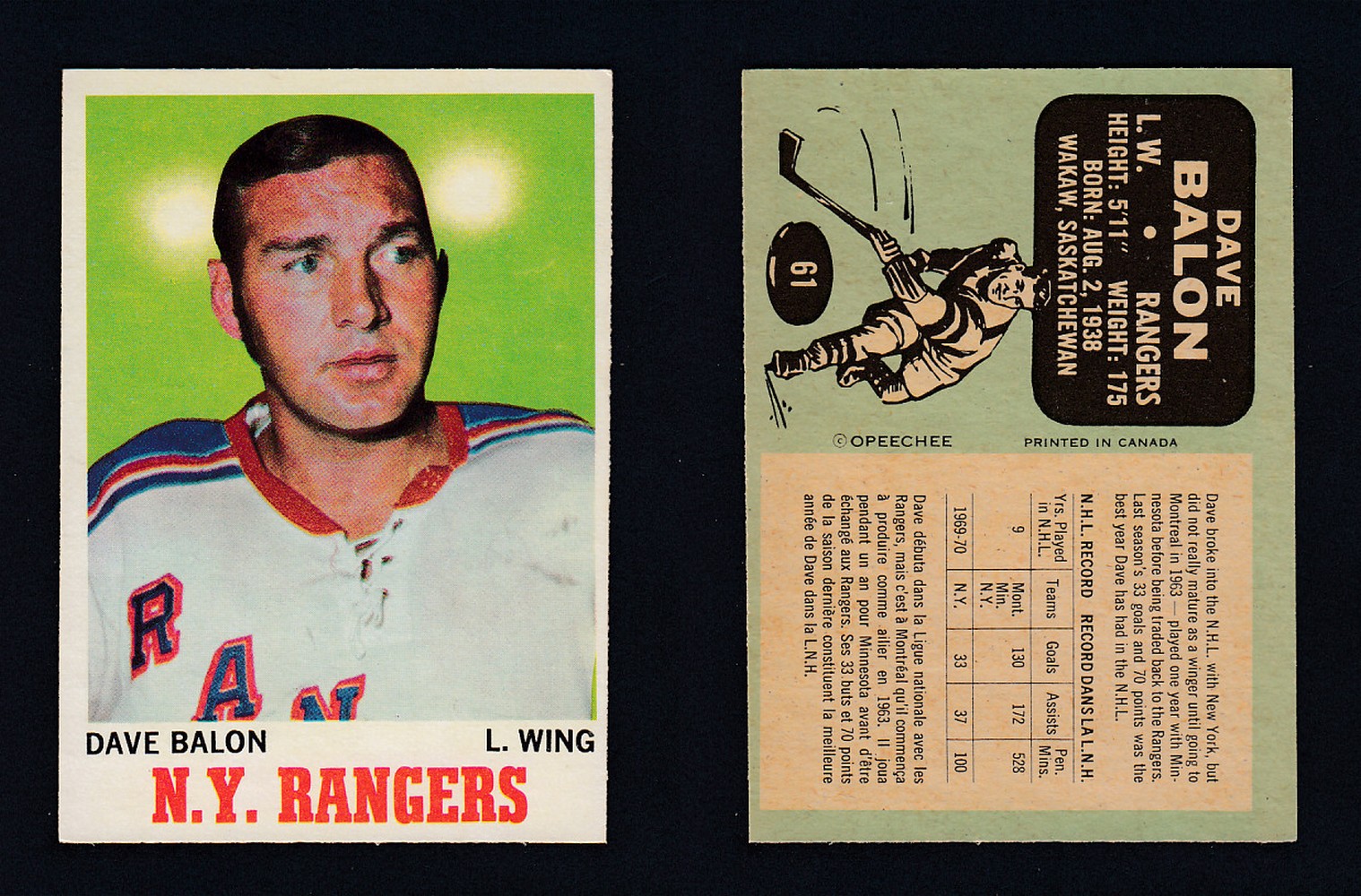 1970-71 O-PEE-CHEE HOCKEY CARD #61 D.BALON photo 1970-71 O-PEE-CHEE HOCKEY CARD #61 D.BALON photo