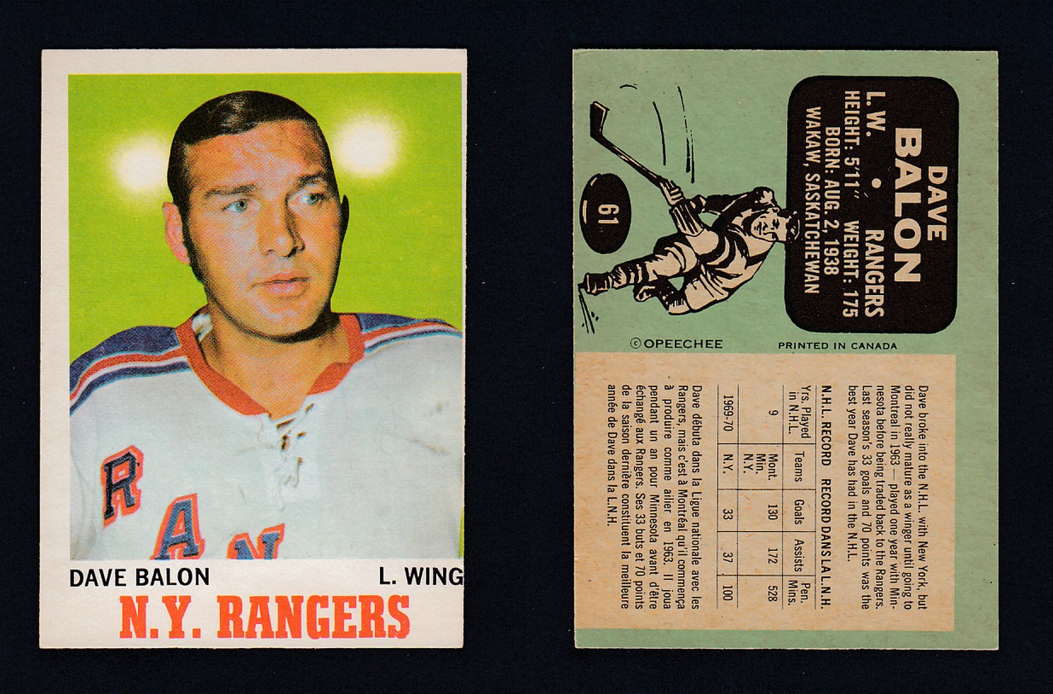 1970-71 O-PEE-CHEE HOCKEY CARD #61 D.BALON photo 1970-71 O-PEE-CHEE HOCKEY CARD #61 D.BALON photo