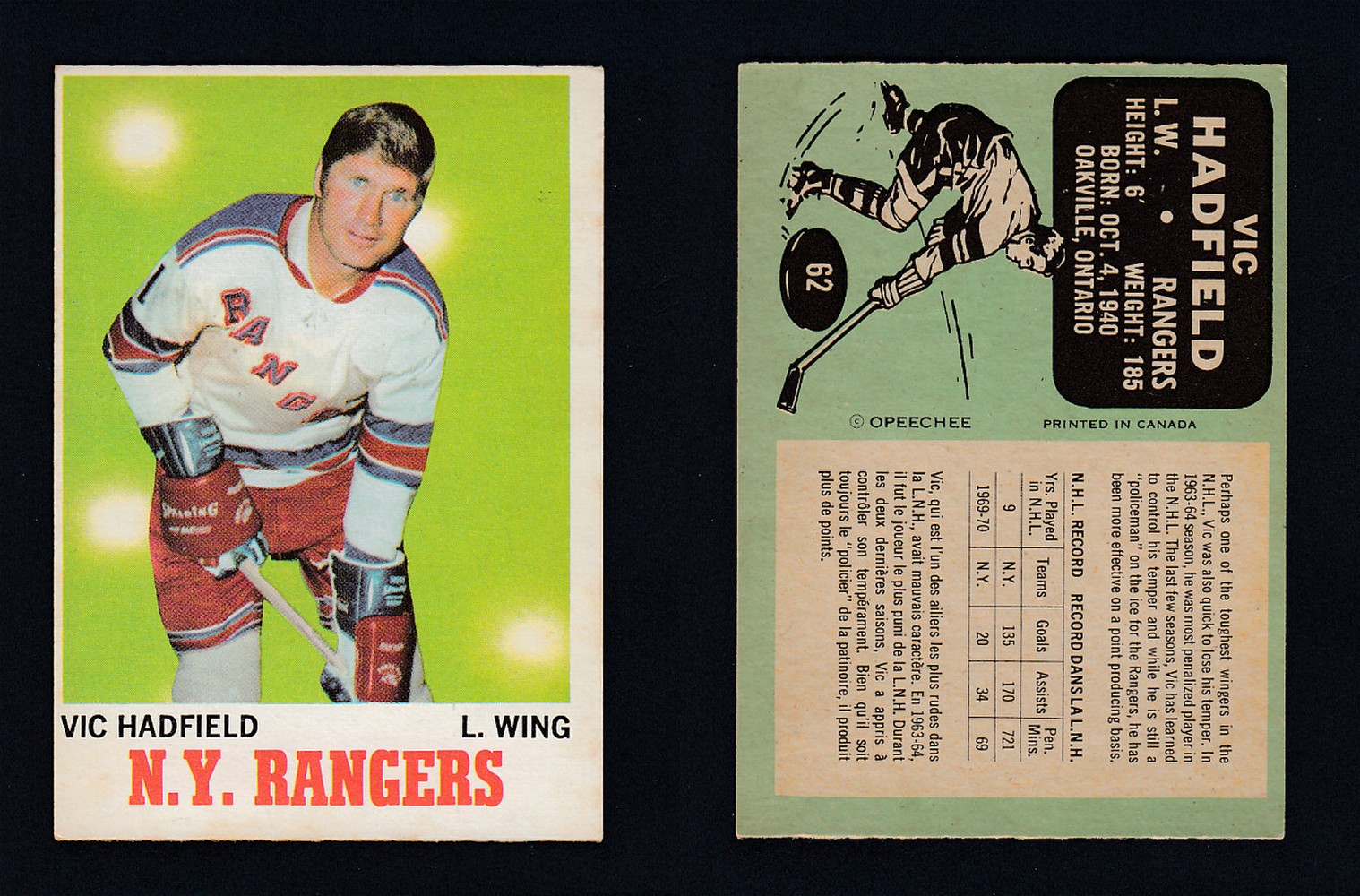 1970-71 O-PEE-CHEE HOCKEY CARD #62 V.HADFIELD photo 1970-71 O-PEE-CHEE HOCKEY CARD #62 V.HADFIELD photo