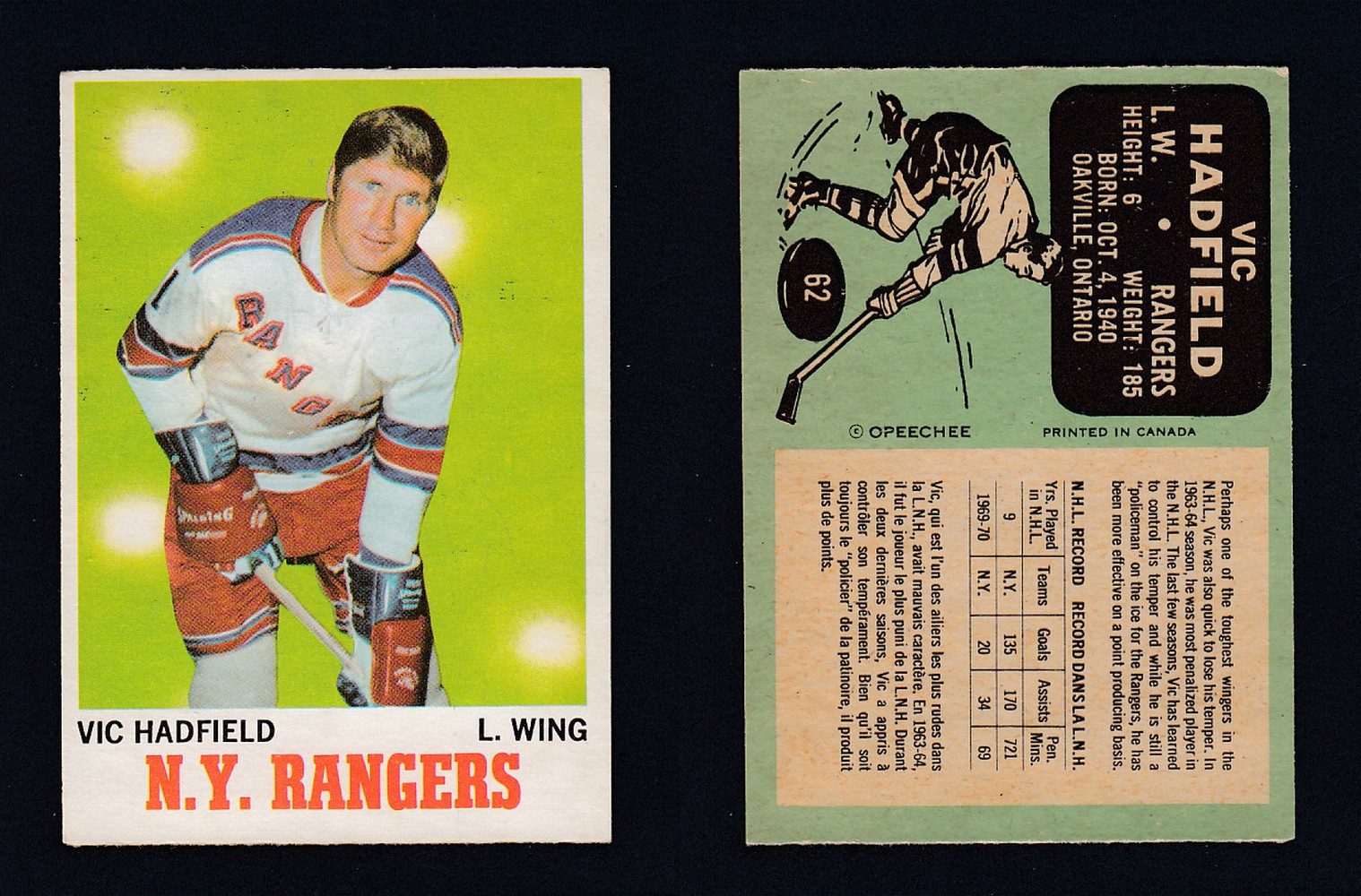 1970-71 O-PEE-CHEE HOCKEY CARD #62 V.HADFIELD photo 1970-71 O-PEE-CHEE HOCKEY CARD #62 V.HADFIELD photo