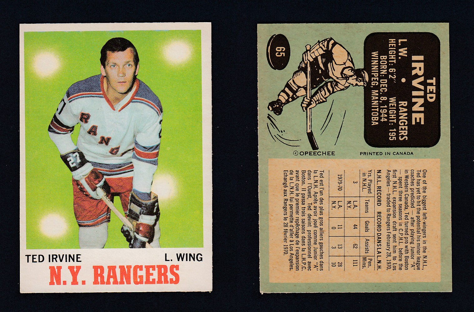 1970-71 O-PEE-CHEE HOCKEY CARD #65 T. IRVINE photo 1970-71 O-PEE-CHEE HOCKEY CARD #65 T. IRVINE photo