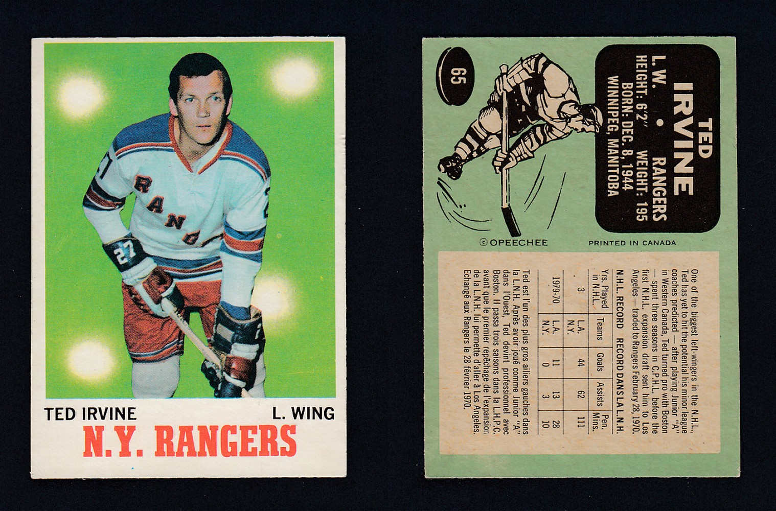 1970-71 O-PEE-CHEE HOCKEY CARD #65 T. IRVINE photo 1970-71 O-PEE-CHEE HOCKEY CARD #65 T. IRVINE photo