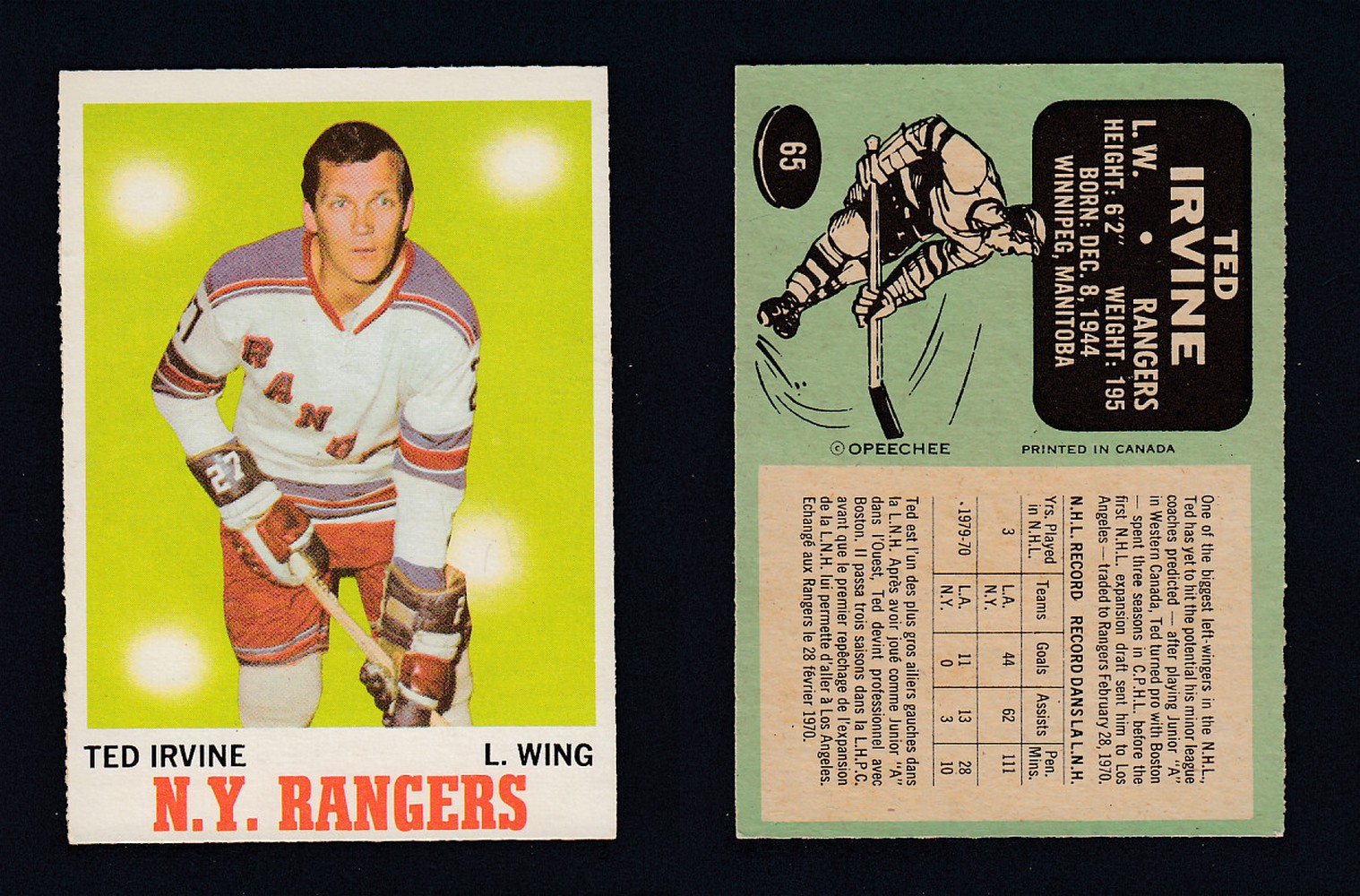 1970-71 O-PEE-CHEE HOCKEY CARD #65 T. IRVINE photo 1970-71 O-PEE-CHEE HOCKEY CARD #65 T. IRVINE photo