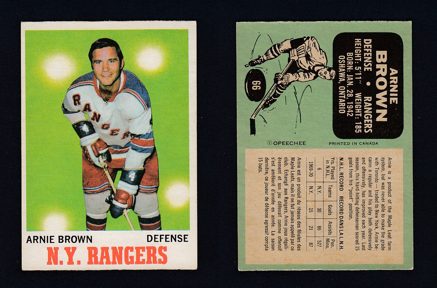 1970-71 O-PEE-CHEE HOCKEY CARD #66 A. BROWN photo 1970-71 O-PEE-CHEE HOCKEY CARD #66 A. BROWN photo