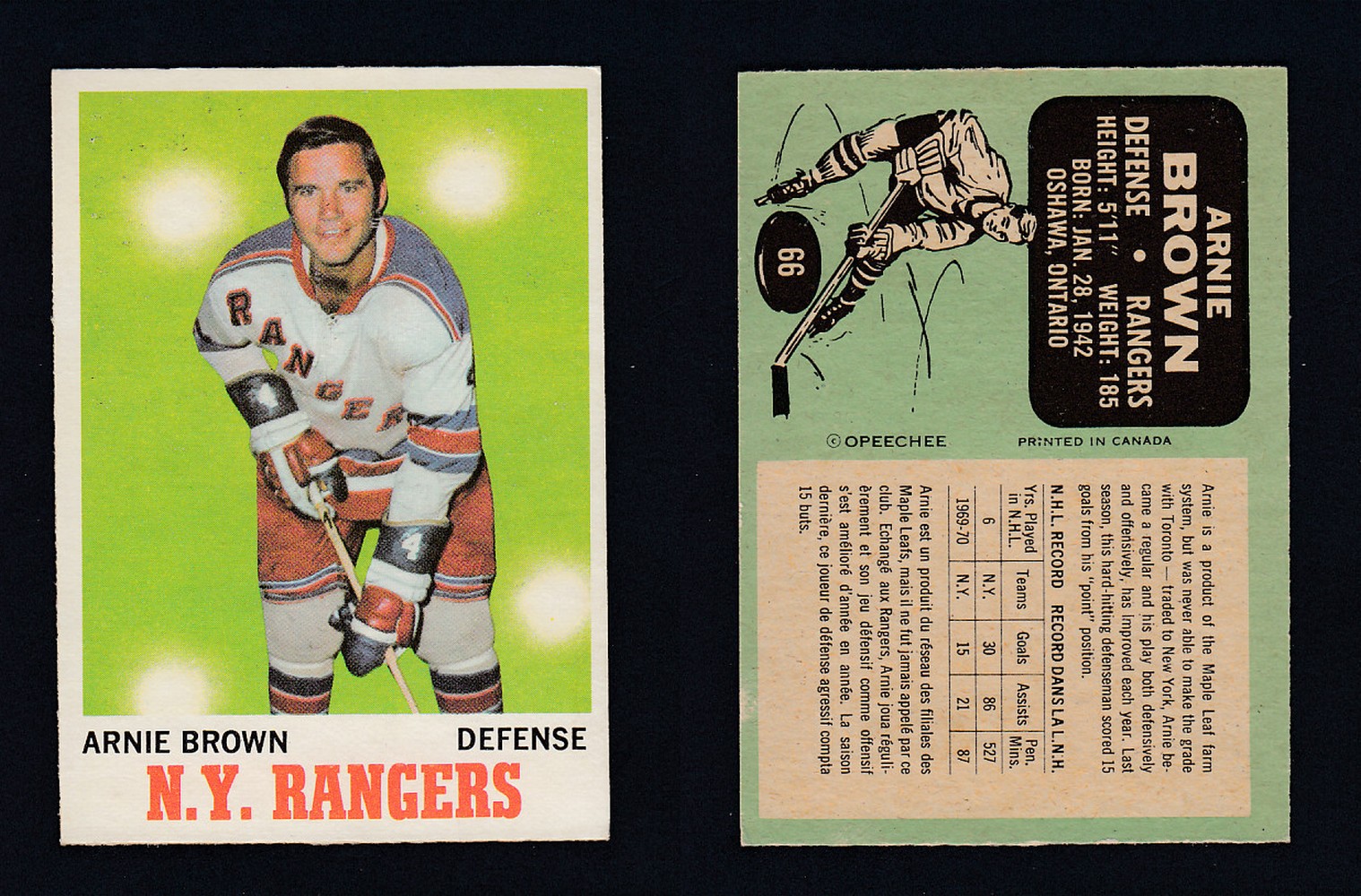 1970-71 O-PEE-CHEE HOCKEY CARD #66 A. BROWN photo 1970-71 O-PEE-CHEE HOCKEY CARD #66 A. BROWN photo