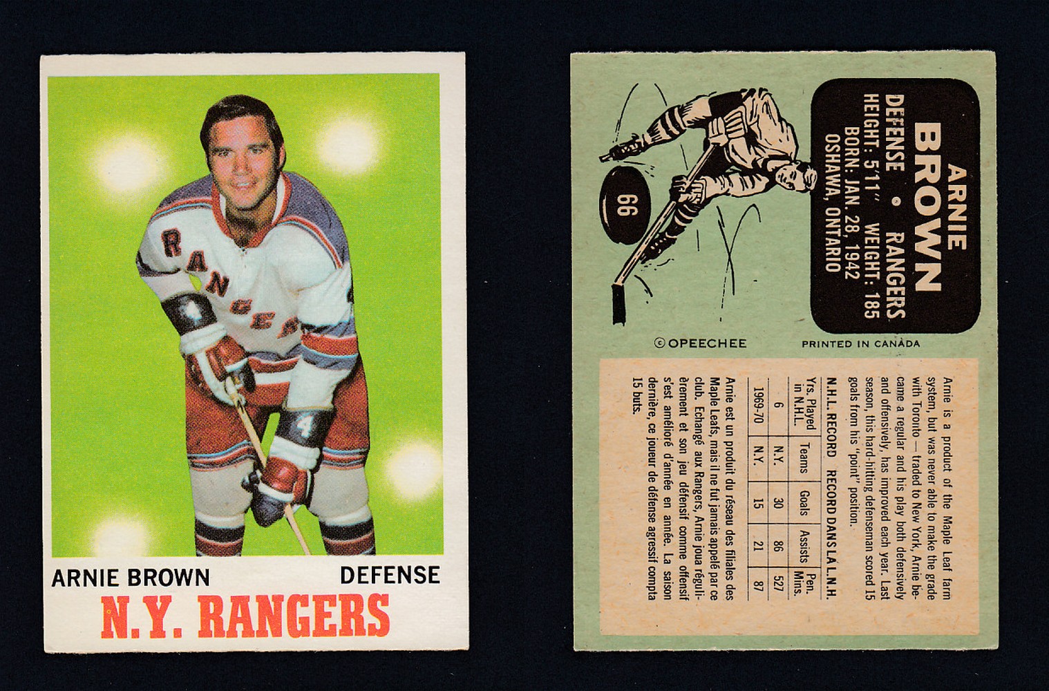 1970-71 O-PEE-CHEE HOCKEY CARD #66 A. BROWN photo 1970-71 O-PEE-CHEE HOCKEY CARD #66 A. BROWN photo