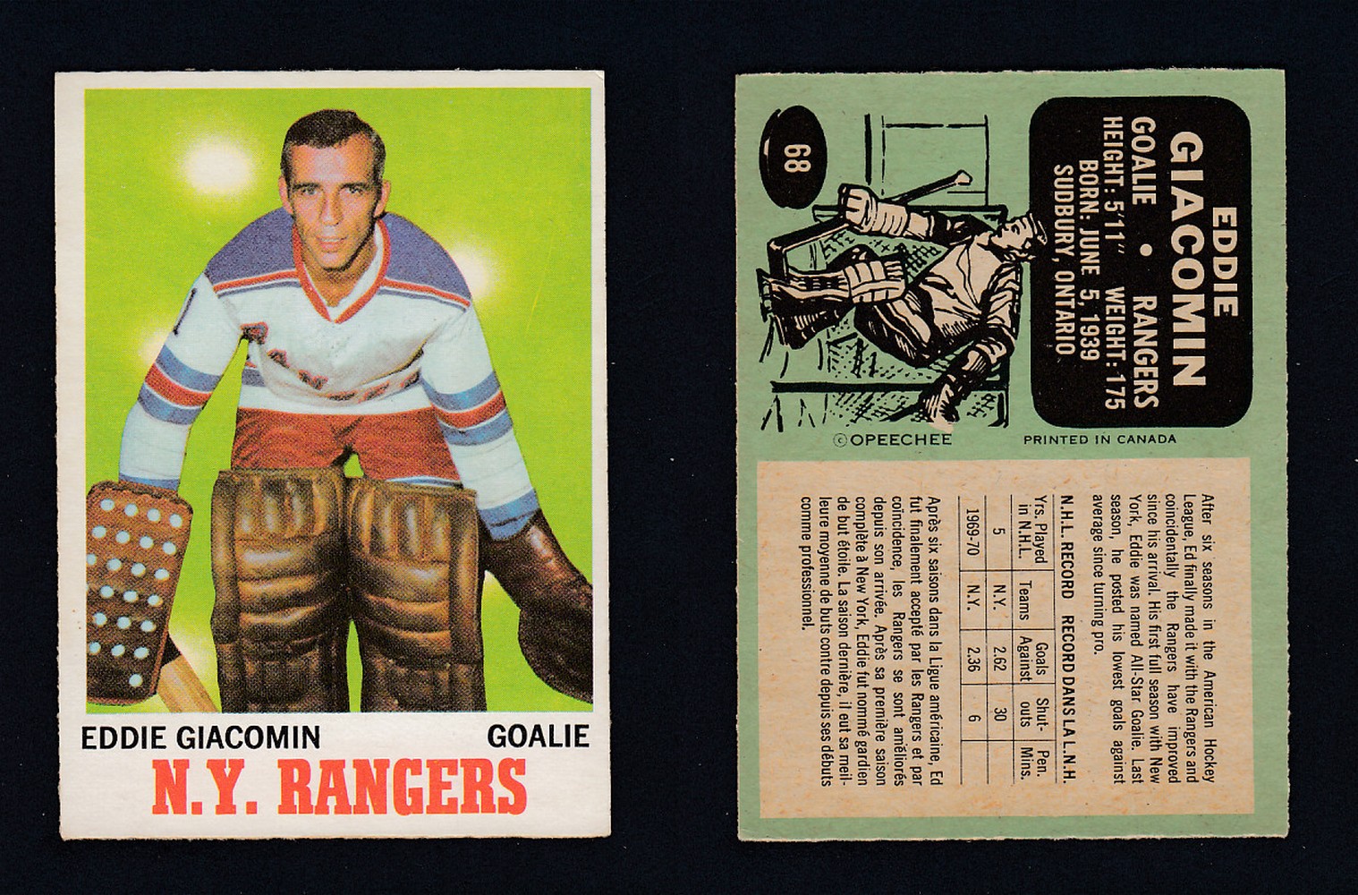 1970-71 O-PEE-CHEE HOCKEY CARD #68 E. GIACOMIN photo 1970-71 O-PEE-CHEE HOCKEY CARD #68 E. GIACOMIN photo