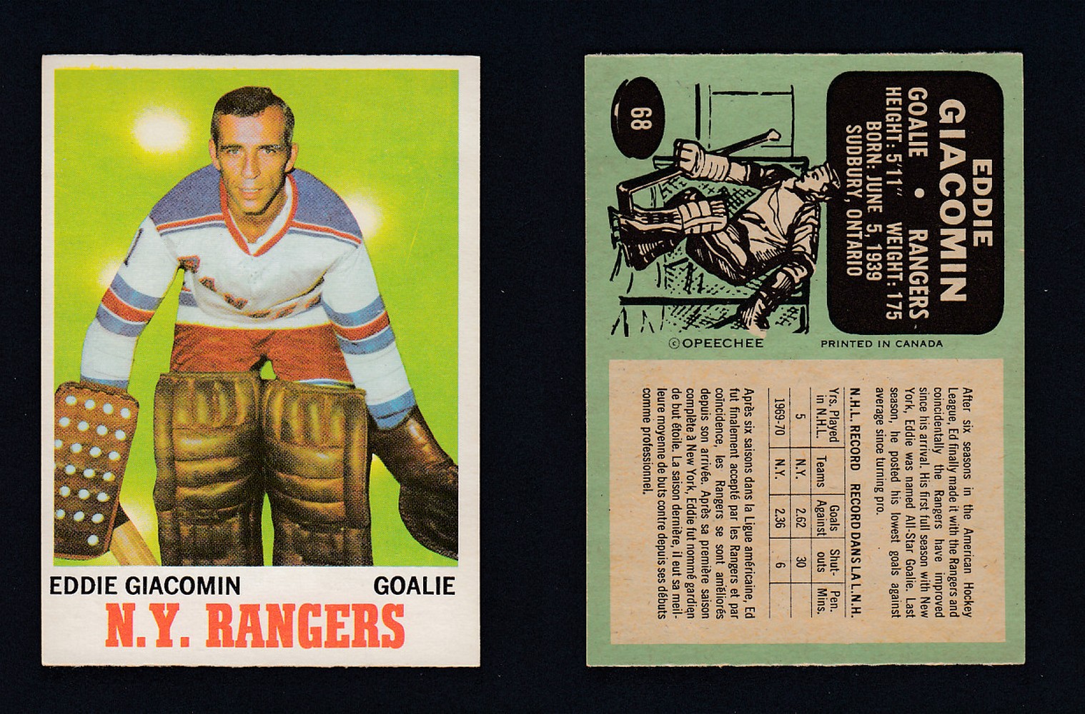 1970-71 O-PEE-CHEE HOCKEY CARD #68 E. GIACOMIN photo 1970-71 O-PEE-CHEE HOCKEY CARD #68 E. GIACOMIN photo