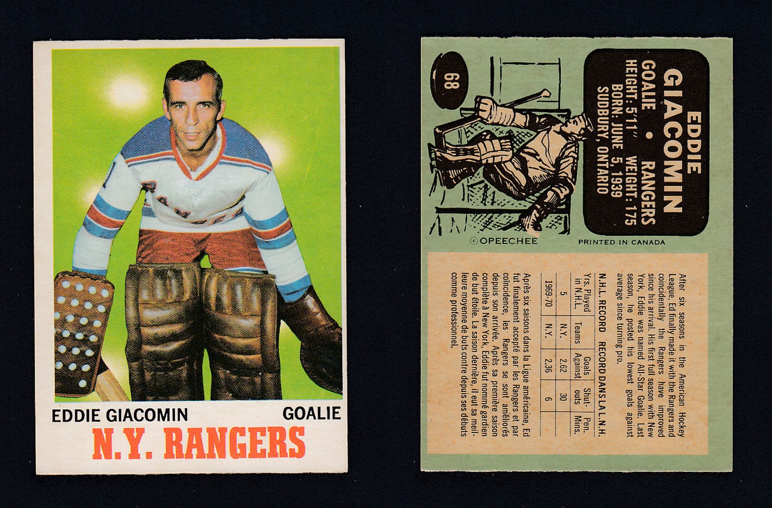 1970-71 O-PEE-CHEE HOCKEY CARD #68 E. GIACOMIN photo 1970-71 O-PEE-CHEE HOCKEY CARD #68 E. GIACOMIN photo