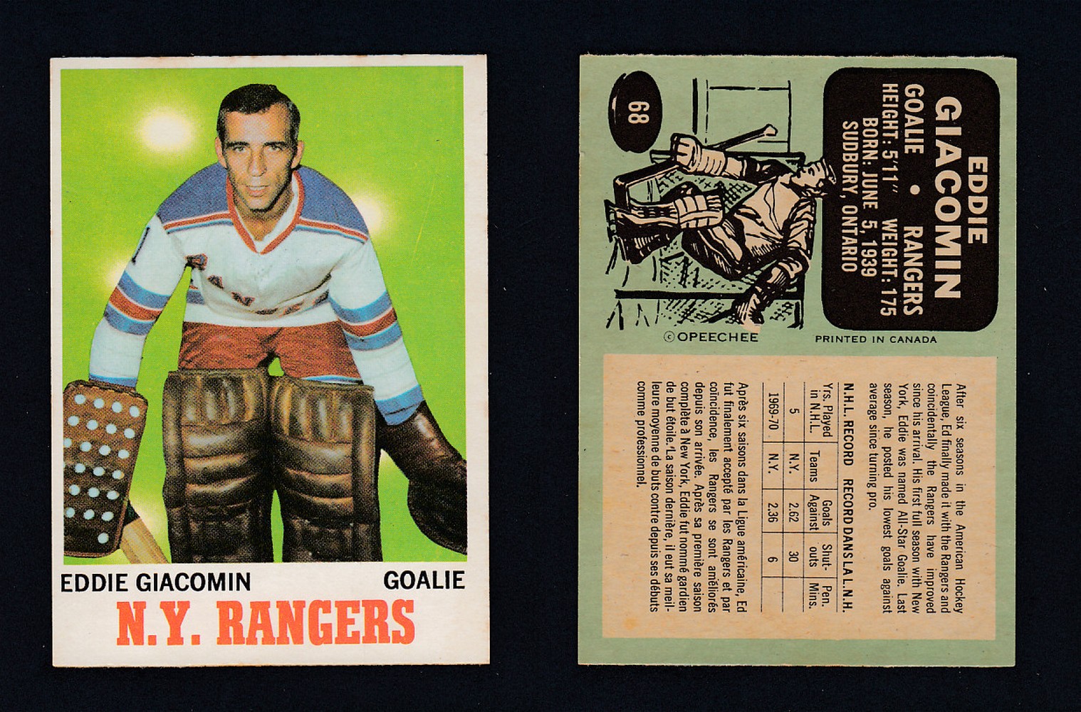 1970-71 O-PEE-CHEE HOCKEY CARD #68 E. GIACOMIN photo 1970-71 O-PEE-CHEE HOCKEY CARD #68 E. GIACOMIN photo