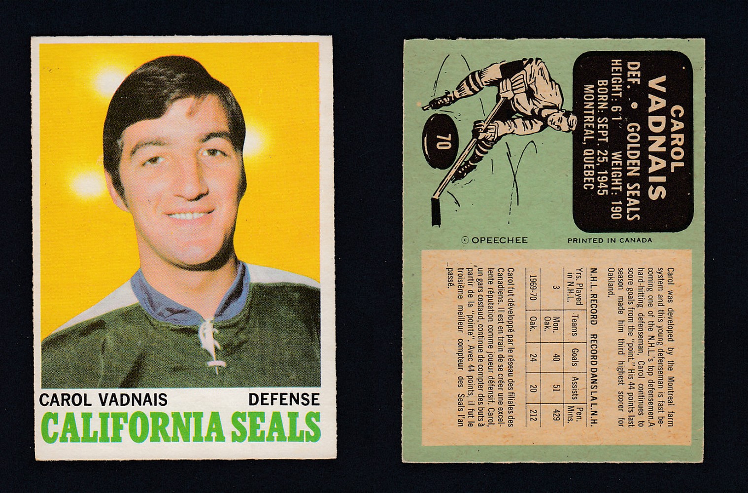 1970-71 O-PEE-CHEE HOCKEY CARD #70 C. VADNAIS photo 1970-71 O-PEE-CHEE HOCKEY CARD #70 C. VADNAIS photo