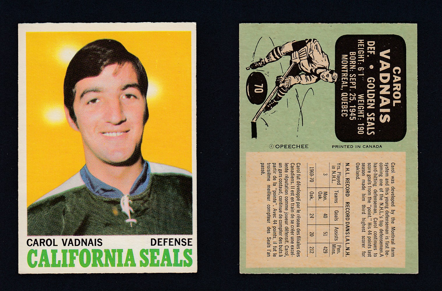 1970-71 O-PEE-CHEE HOCKEY CARD #70 C. VADNAIS photo 1970-71 O-PEE-CHEE HOCKEY CARD #70 C. VADNAIS photo