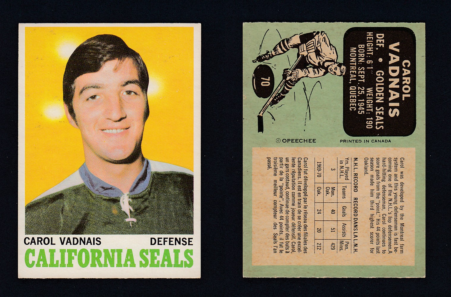 1970-71 O-PEE-CHEE HOCKEY CARD #70 C. VADNAIS photo 1970-71 O-PEE-CHEE HOCKEY CARD #70 C. VADNAIS photo
