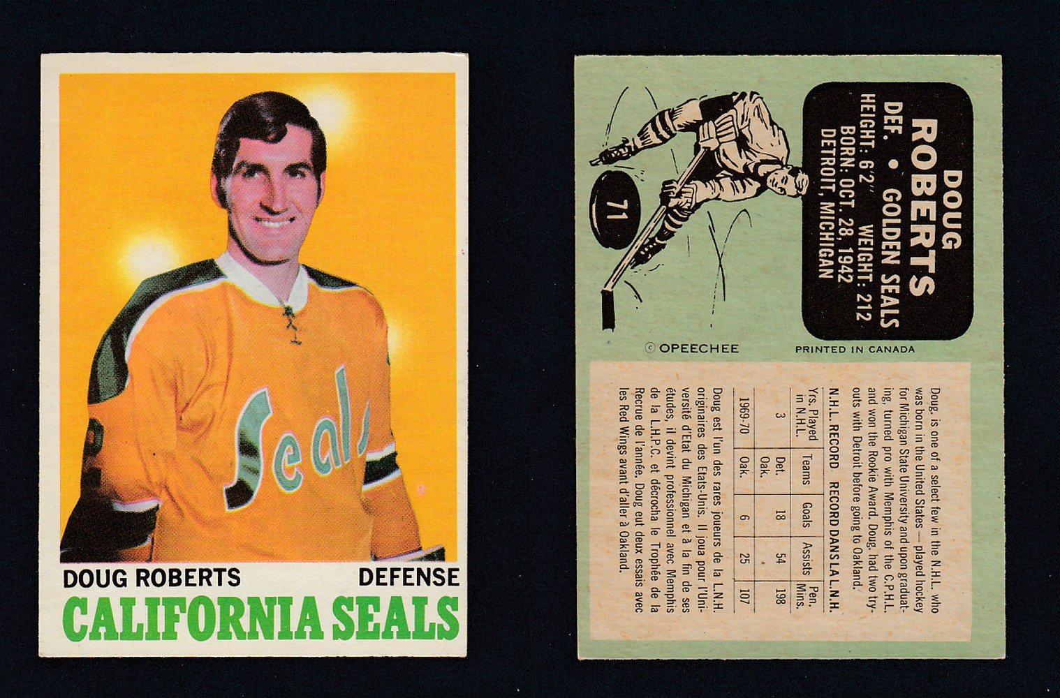 1970-71 O-PEE-CHEE HOCKEY CARD #71 D. ROBERTS photo 1970-71 O-PEE-CHEE HOCKEY CARD #71 D. ROBERTS photo