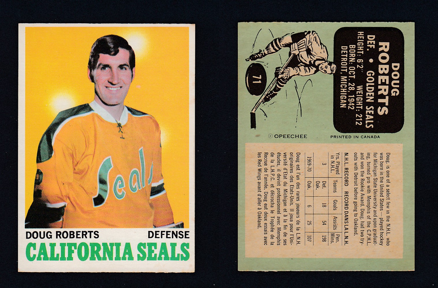 1970-71 O-PEE-CHEE HOCKEY CARD #71 D. ROBERTS photo 1970-71 O-PEE-CHEE HOCKEY CARD #71 D. ROBERTS photo