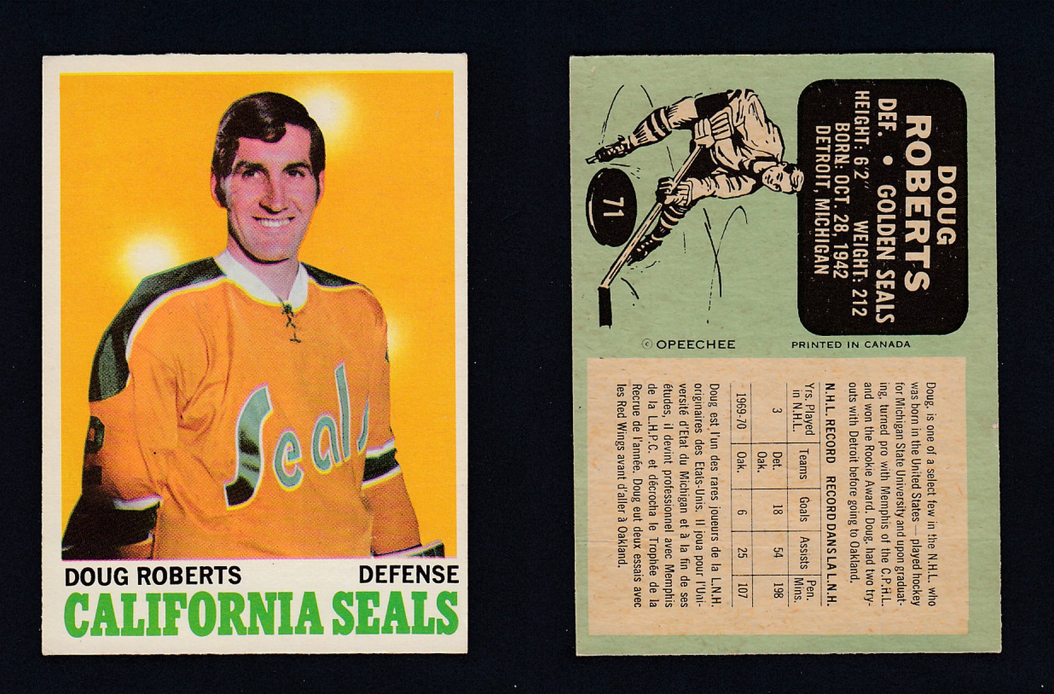 1970-71 O-PEE-CHEE HOCKEY CARD #71 D. ROBERTS photo 1970-71 O-PEE-CHEE HOCKEY CARD #71 D. ROBERTS photo