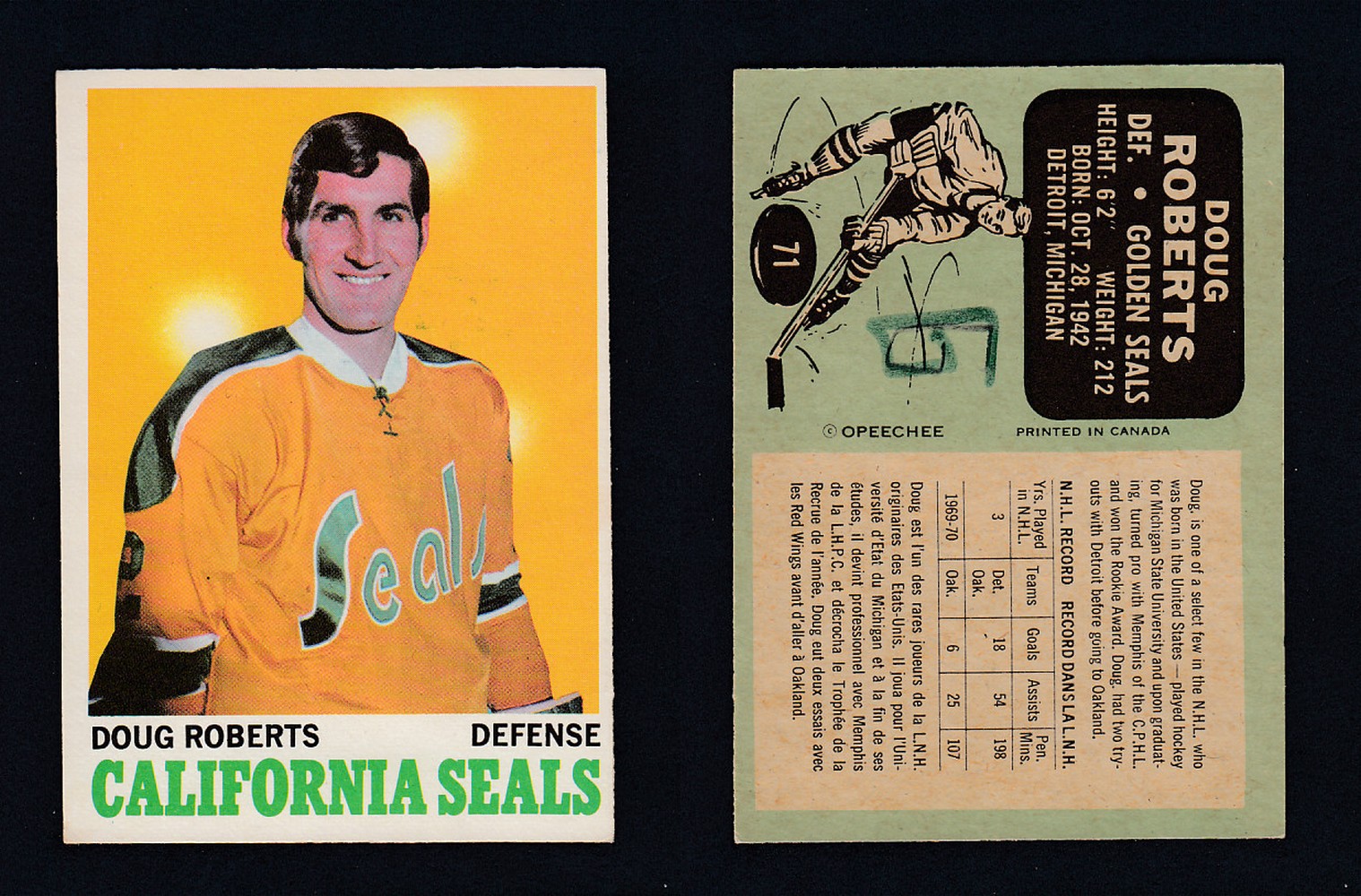 1970-71 O-PEE-CHEE HOCKEY CARD #71 D. ROBERTS photo 1970-71 O-PEE-CHEE HOCKEY CARD #71 D. ROBERTS photo