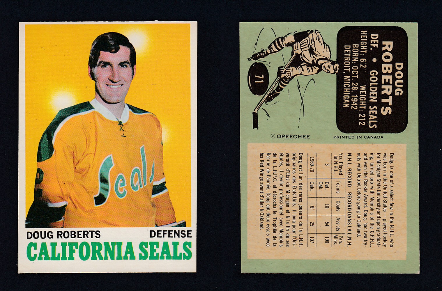 1970-71 O-PEE-CHEE HOCKEY CARD #71 D. ROBERTS photo 1970-71 O-PEE-CHEE HOCKEY CARD #71 D. ROBERTS photo