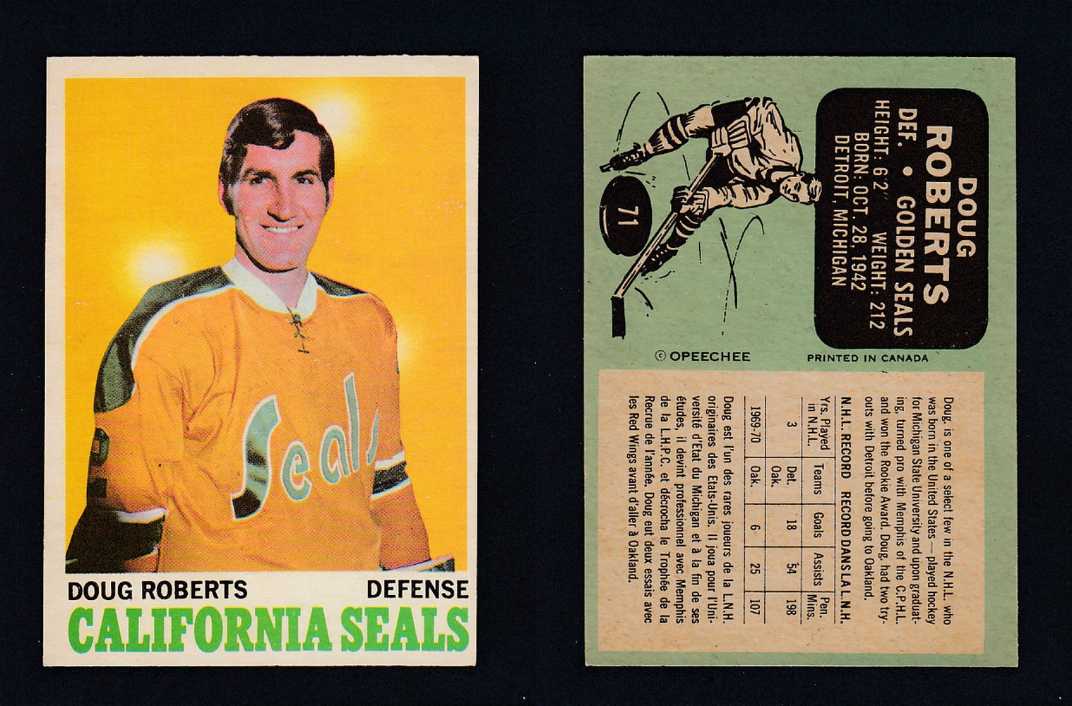 1970-71 O-PEE-CHEE HOCKEY CARD #71 D. ROBERTS photo 1970-71 O-PEE-CHEE HOCKEY CARD #71 D. ROBERTS photo