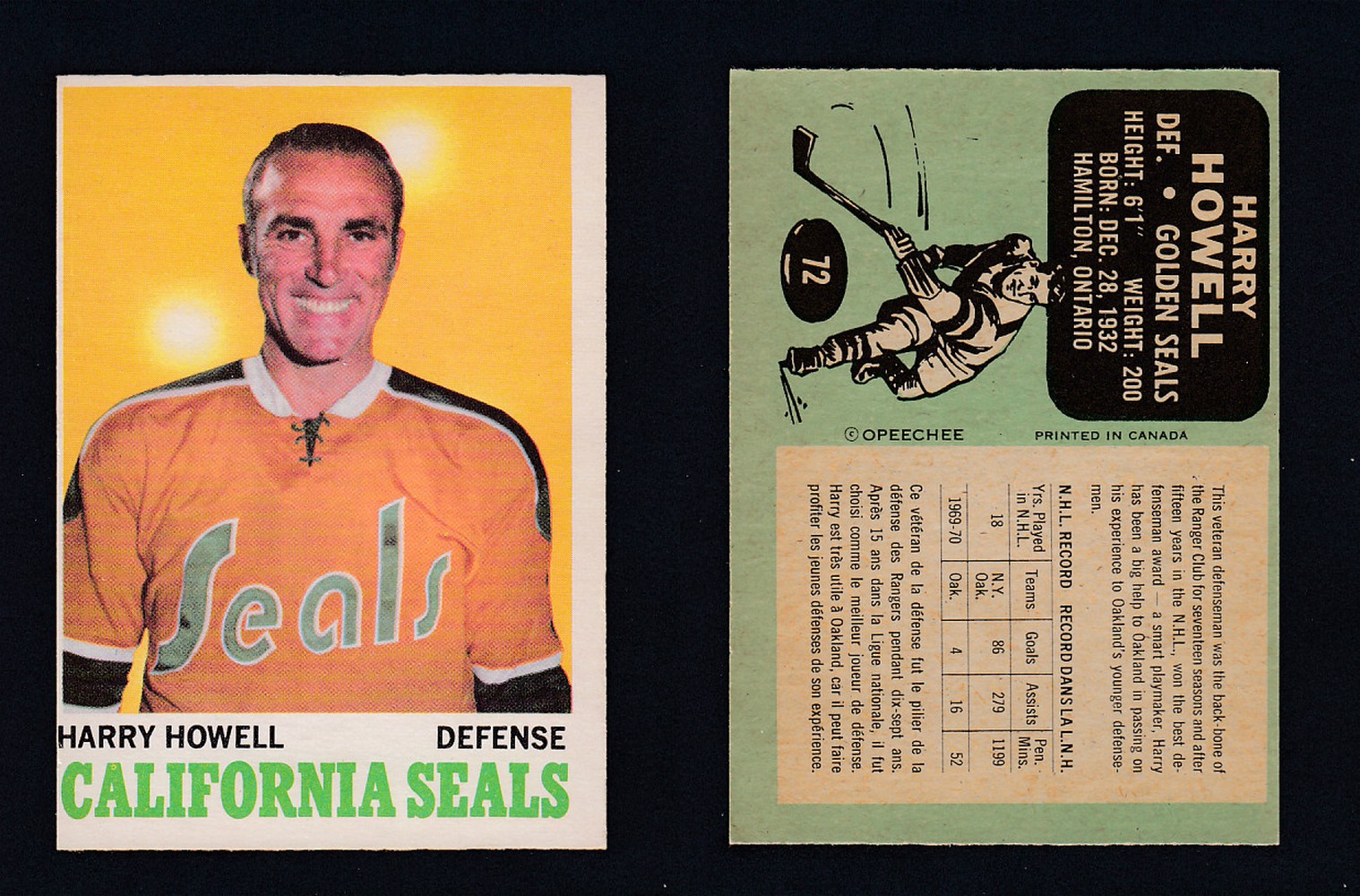1970-71 O-PEE-CHEE HOCKEY CARD #72 H. HOWELL photo 1970-71 O-PEE-CHEE HOCKEY CARD #72 H. HOWELL photo