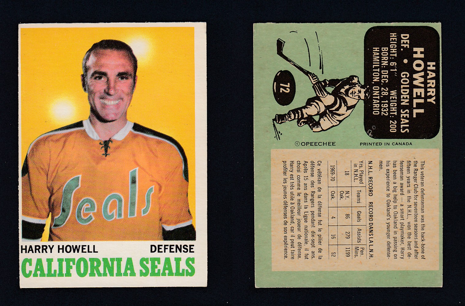 1970-71 O-PEE-CHEE HOCKEY CARD #72 H. HOWELL photo 1970-71 O-PEE-CHEE HOCKEY CARD #72 H. HOWELL photo
