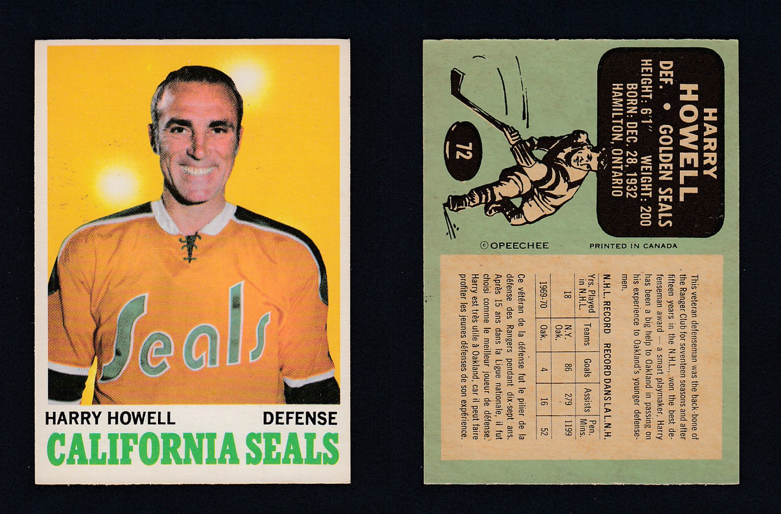 1970-71 O-PEE-CHEE HOCKEY CARD #72 H. HOWELL photo 1970-71 O-PEE-CHEE HOCKEY CARD #72 H. HOWELL photo