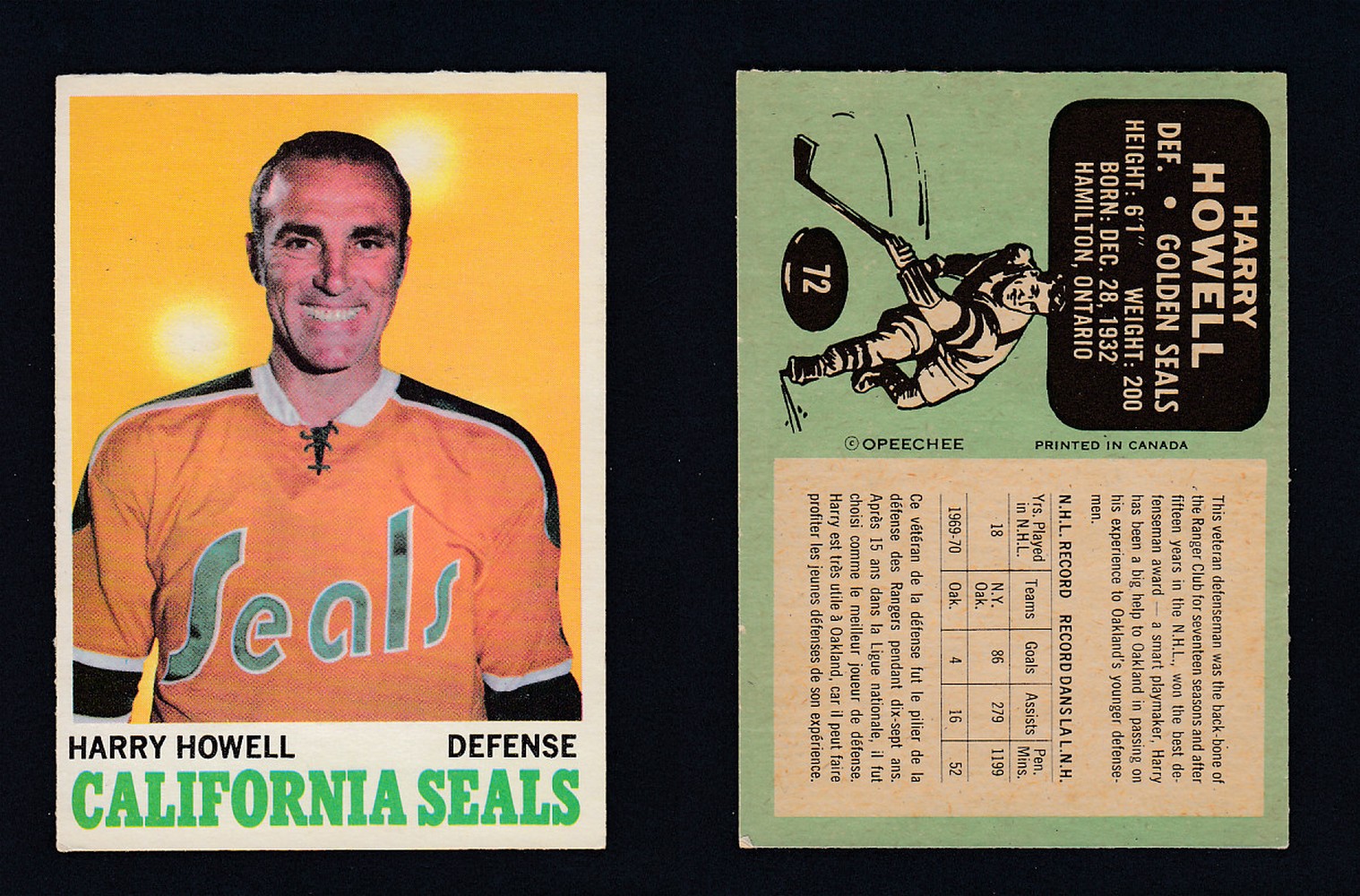 1970-71 O-PEE-CHEE HOCKEY CARD #72 H. HOWELL photo 1970-71 O-PEE-CHEE HOCKEY CARD #72 H. HOWELL photo