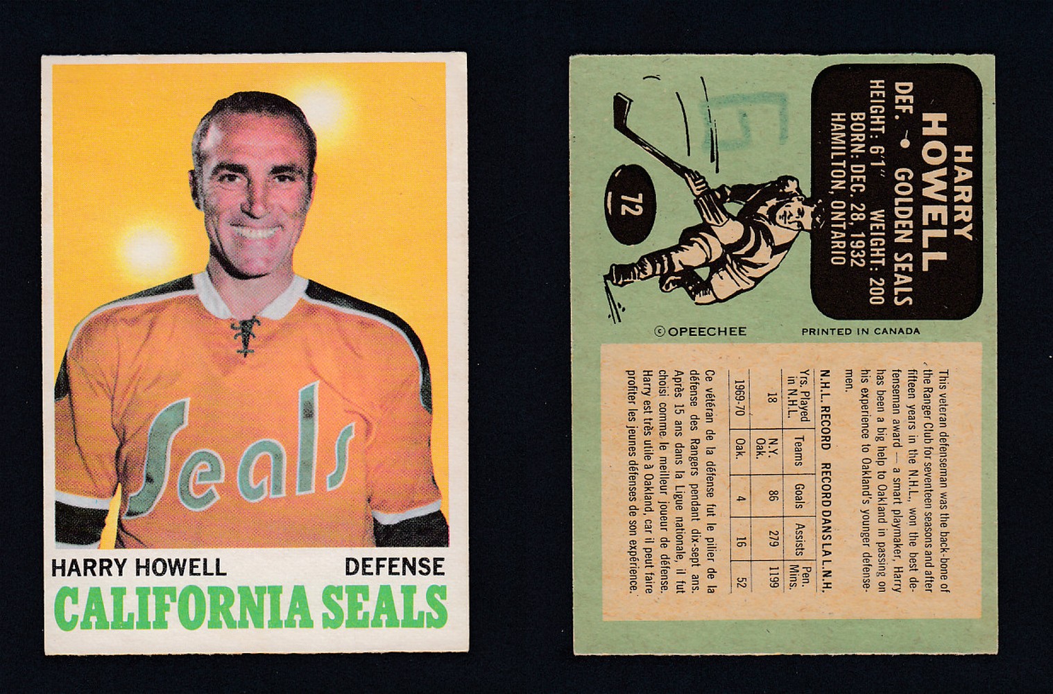 1970-71 O-PEE-CHEE HOCKEY CARD #72 H. HOWELL photo 1970-71 O-PEE-CHEE HOCKEY CARD #72 H. HOWELL photo