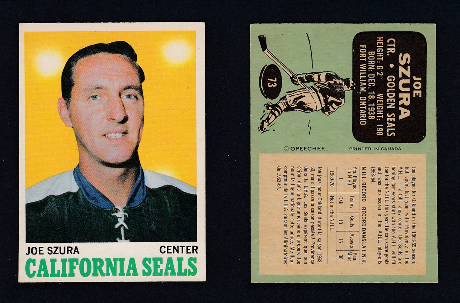 1970-71 O-PEE-CHEE HOCKEY CARD #73 J. SZURA photo 1970-71 O-PEE-CHEE HOCKEY CARD #73 J. SZURA photo