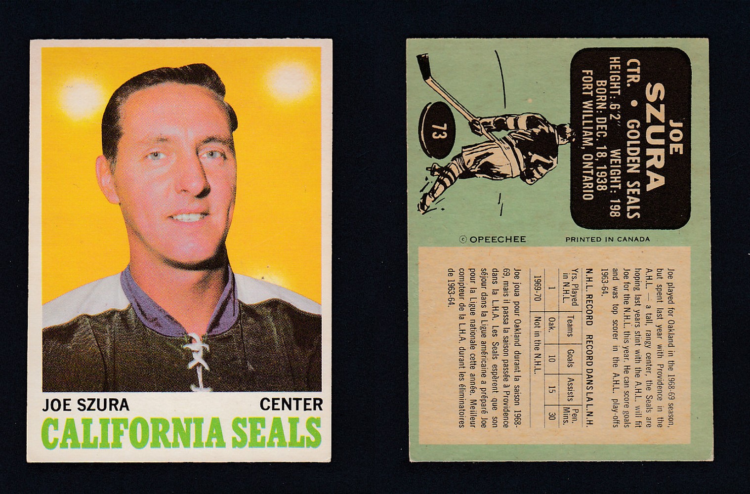 1970-71 O-PEE-CHEE HOCKEY CARD #73 J. SZURA photo 1970-71 O-PEE-CHEE HOCKEY CARD #73 J. SZURA photo