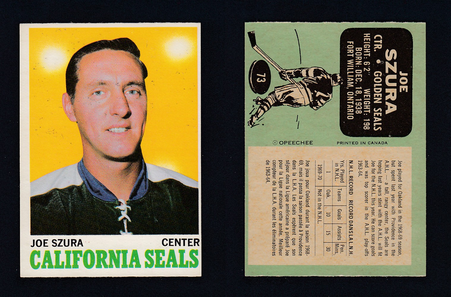 1970-71 O-PEE-CHEE HOCKEY CARD #73 J. SZURA photo 1970-71 O-PEE-CHEE HOCKEY CARD #73 J. SZURA photo