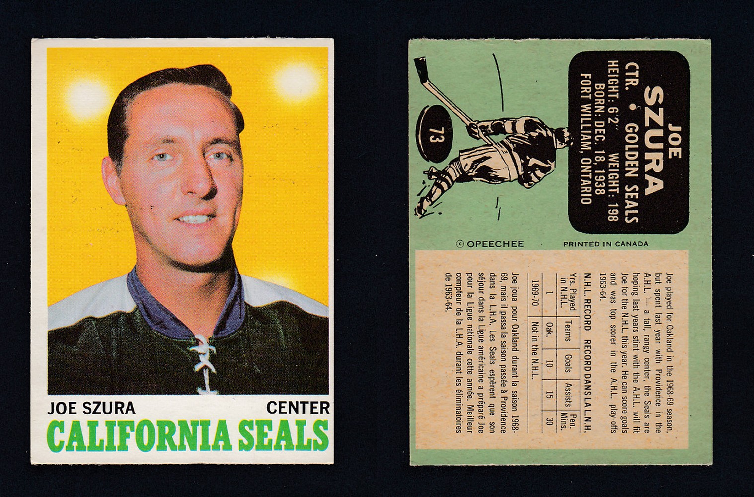 1970-71 O-PEE-CHEE HOCKEY CARD #73 J. SZURA photo 1970-71 O-PEE-CHEE HOCKEY CARD #73 J. SZURA photo