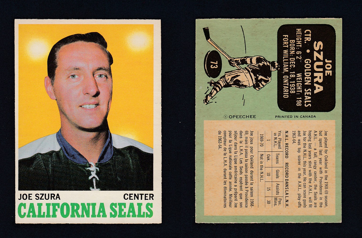 1970-71 O-PEE-CHEE HOCKEY CARD #73 J. SZURA photo 1970-71 O-PEE-CHEE HOCKEY CARD #73 J. SZURA photo