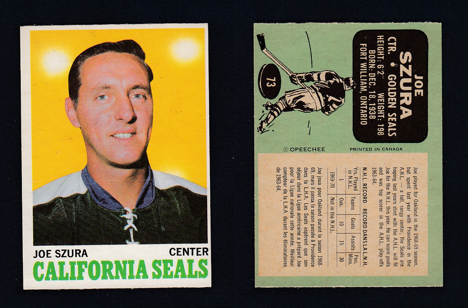 1970-71 O-PEE-CHEE HOCKEY CARD #73 J. SZURA photo 1970-71 O-PEE-CHEE HOCKEY CARD #73 J. SZURA photo