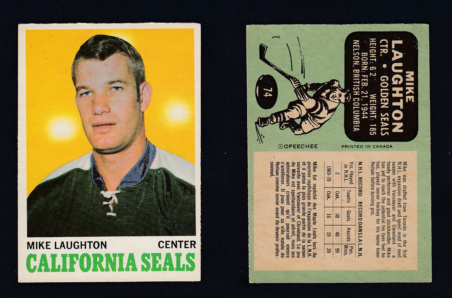 1970-71 O-PEE-CHEE HOCKEY CARD #74 M. LAUGHTON photo 1970-71 O-PEE-CHEE HOCKEY CARD #74 M. LAUGHTON photo