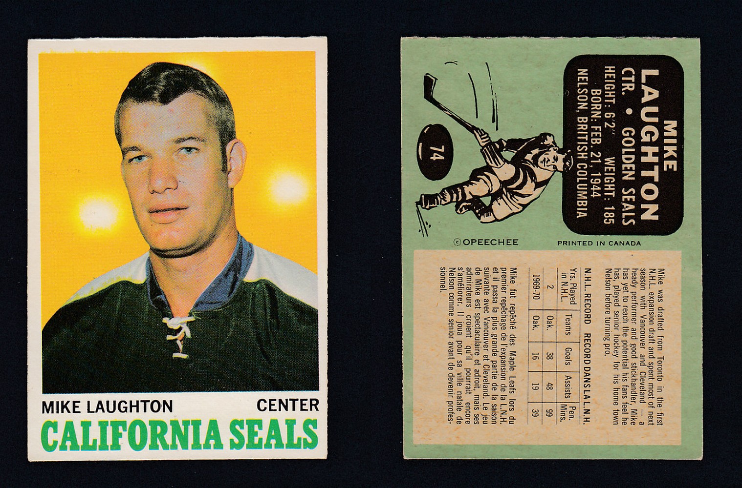 1970-71 O-PEE-CHEE HOCKEY CARD #74 M. LAUGHTON photo 1970-71 O-PEE-CHEE HOCKEY CARD #74 M. LAUGHTON photo